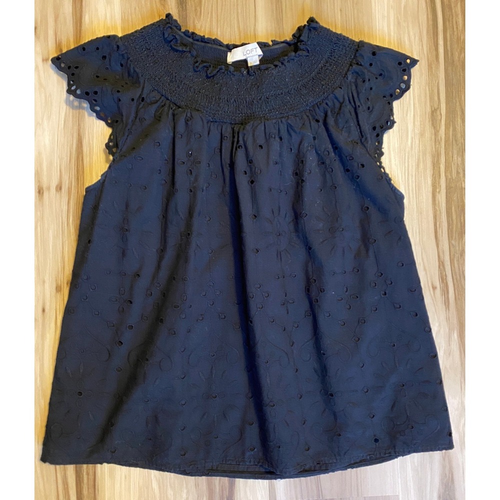 Loft Black Eyelet Flutter Sleeve Blouse Smocked Neck Cotton Top Womens Medium